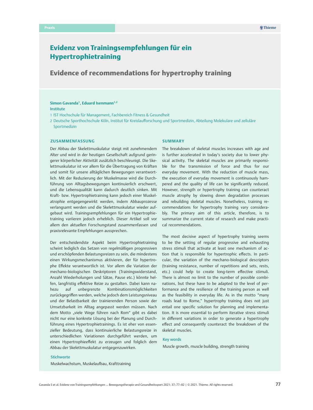 Vorschauseite 1: Evidenz von Trainungsempfehlungen für ein Hypertrophietraining