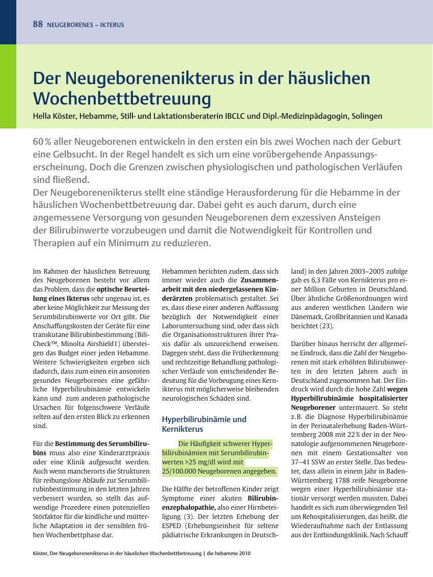 Vorschauseite 1: Der Neugeborenenikterus in der häuslichen Wochenbettbetreuung