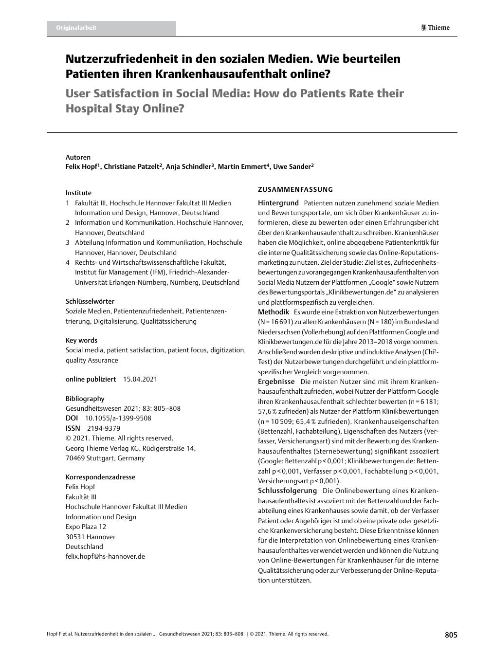 Vorschauseite 1: Nutzerzufriedenheit in den sozialen Medien. Wie beurteilen Patienten ihren Krankenhausaufenthalt online?