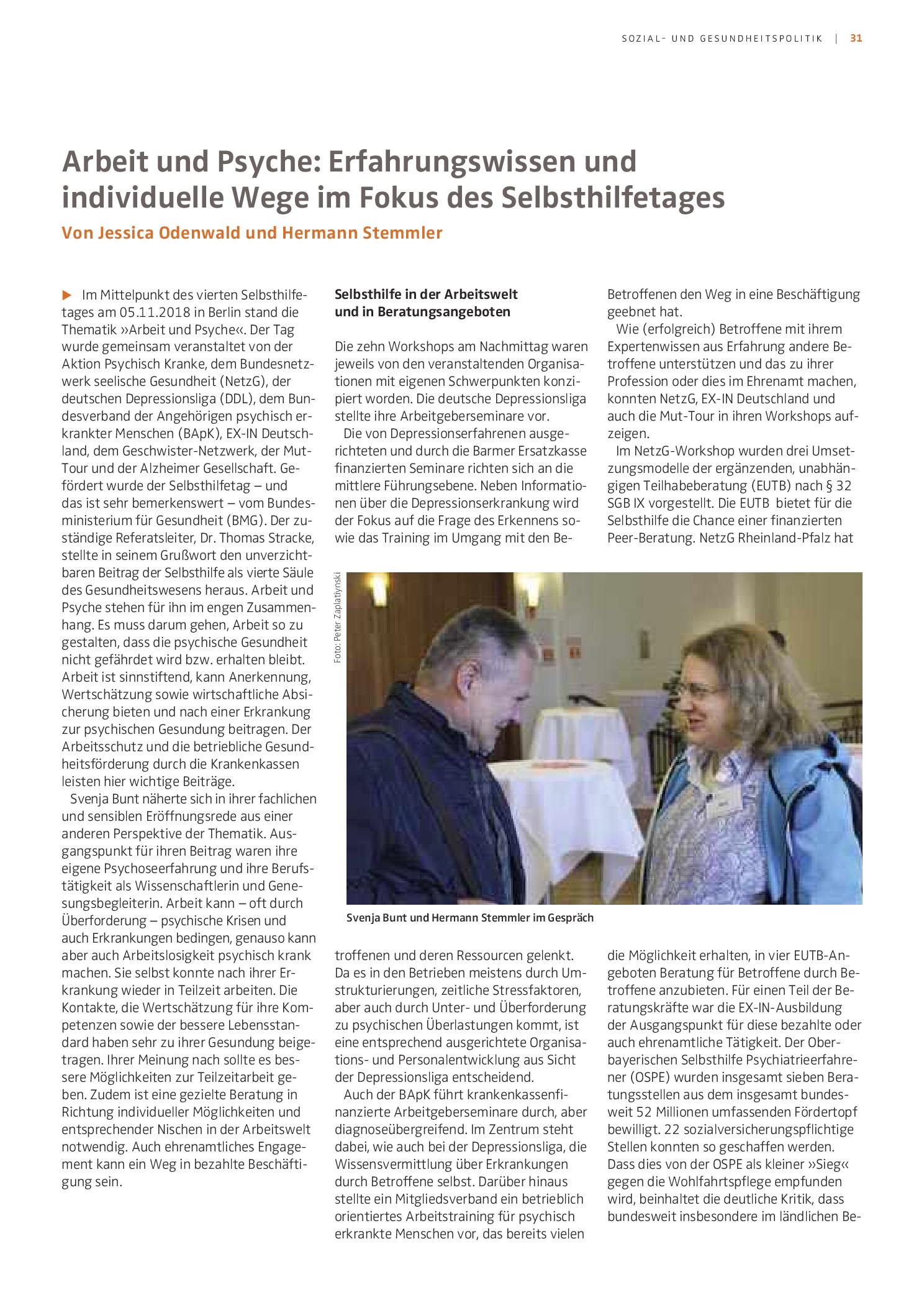 Vorschauseite 1: Arbeit und Psyche: Erfahrungswissen und individuelle Wege im Fokus des Selbsthilfetages
