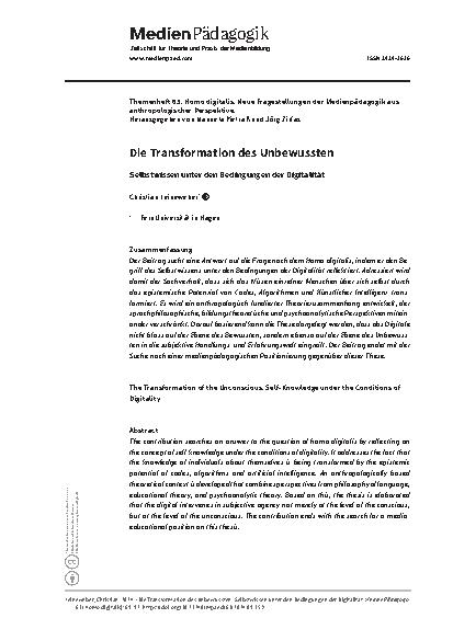 Vorschauseite 1: Die Transformation des Unbewussten Selbstwissens unter den Bedingungen der Digitalität