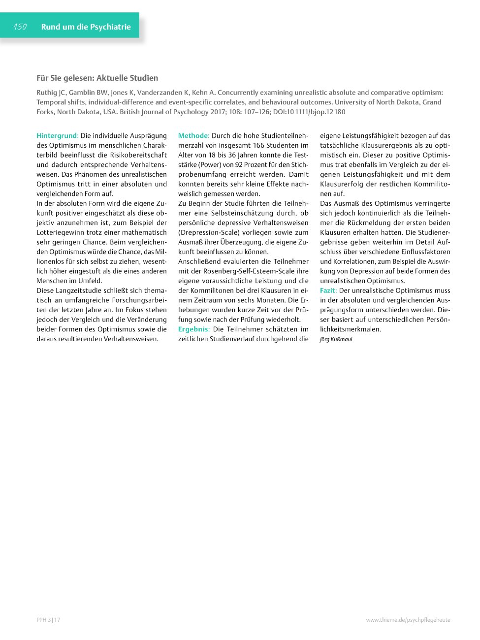 Vorschauseite 1: Für Sie gelesen: Ruthig JC, Gamblin BW, Jones K, Vanderzanden K, Kehn A. Concurrently examining unrealistic absolute and comparative optimism: Temporal shifts, individualdifferenc…
