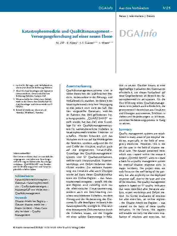 Vorschauseite 1: Katastrophenmedizin und Qualitätsmanagement – Versorgungsforschung auf einer neuen Ebene