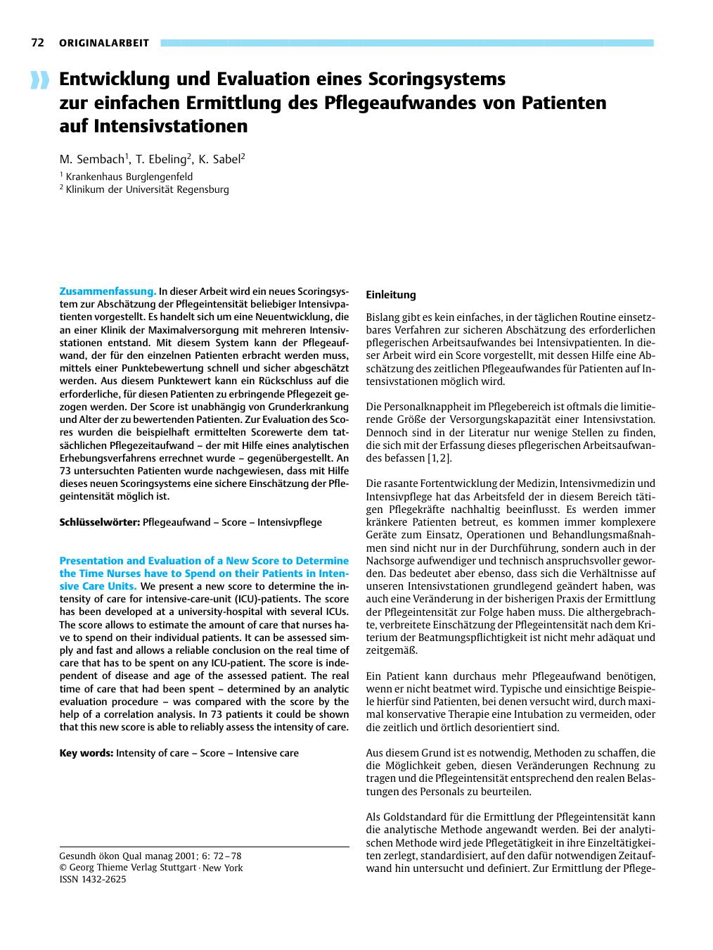Vorschauseite 1: Entwicklung und Evaluation eines Scoringsystems zur einfachen Ermittlung des Pflegeaufwandes von Patienten auf Intensivstationen