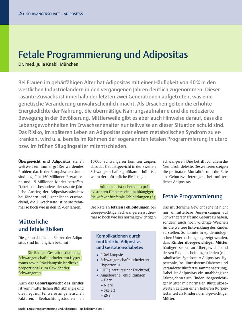 Vorschauseite 1: Fetale Programmierung und Adipositas