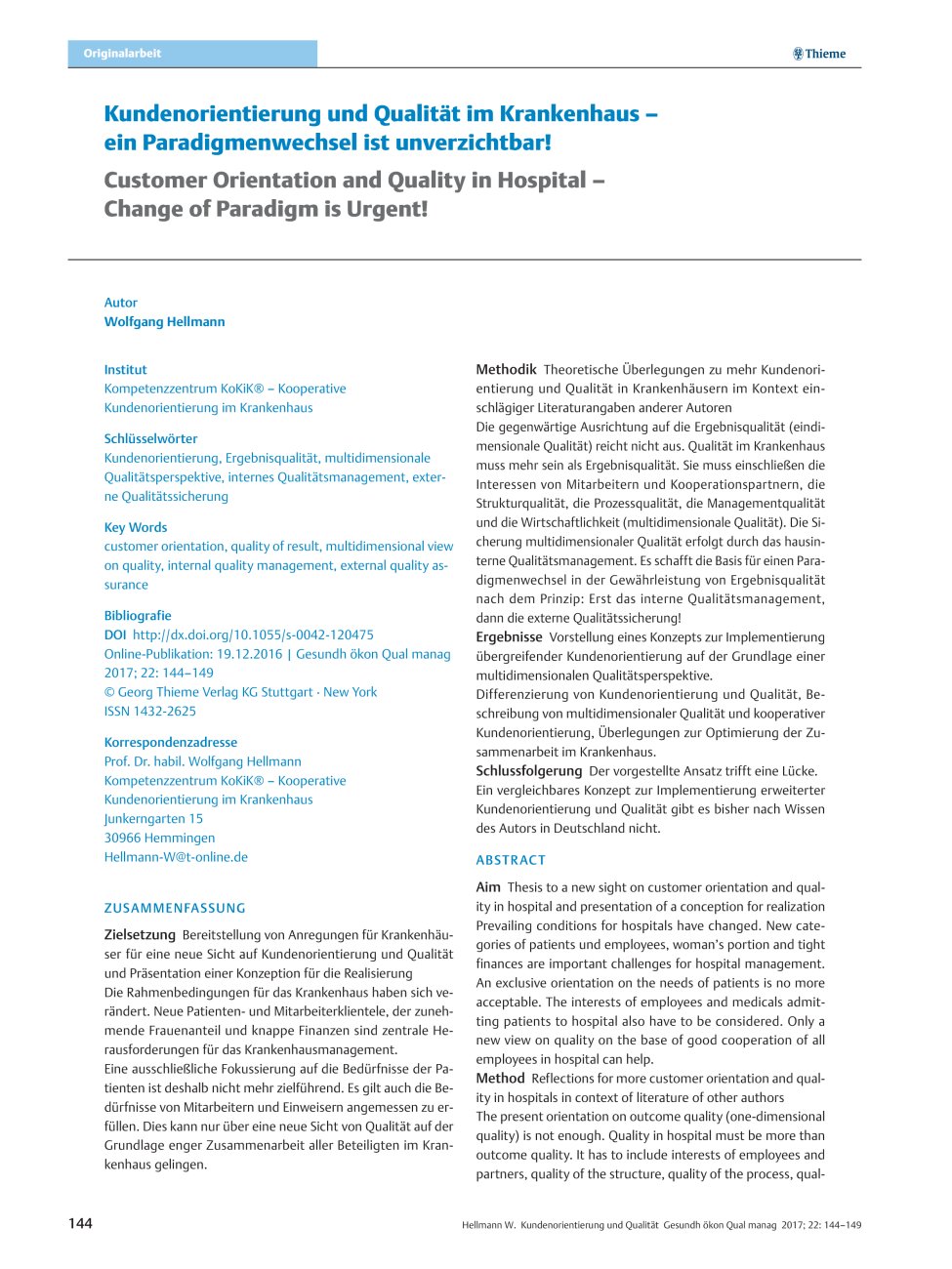 Vorschauseite 1: Kundenorientierung und Qualität im Krankenhaus – ein Paradigmenwechsel ist unverzichtbar!