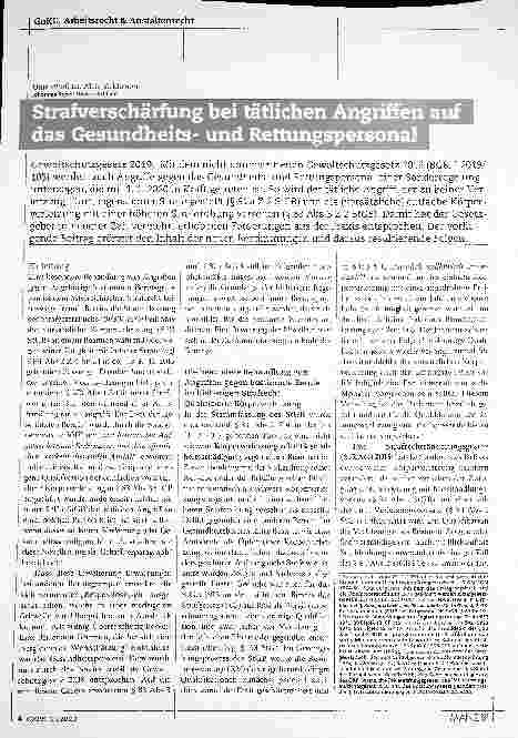 Vorschauseite 1: Strafverschärfung bei tätlichen Angriffen auf das Gesundheitsund Rettungspersonal