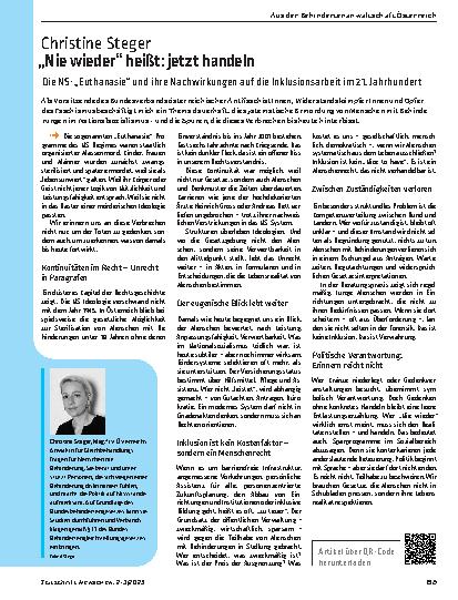 Vorschauseite 2: „Nie wieder“ heißt: jetzt handeln Die NS-„Euthanasie“ und ihre Nachwirkungen auf die Inklusionsarbeit im 21. Jahrhundert