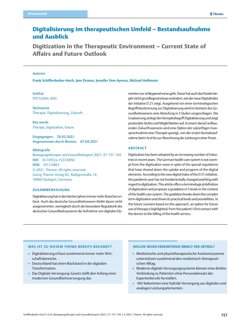 Vorschauseite 1: Digitalisierung im therapeutischen Umfeld – Bestandsaufnahme und Ausblick