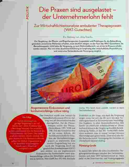 Vorschauseite 1: Die Praxen sind ausgelastet - der Unternehmerlohn fehlt. Zur Wirtschaftlichkeitsanalyse ambulanter Therapiepraxen (WAT-Gutachten).
