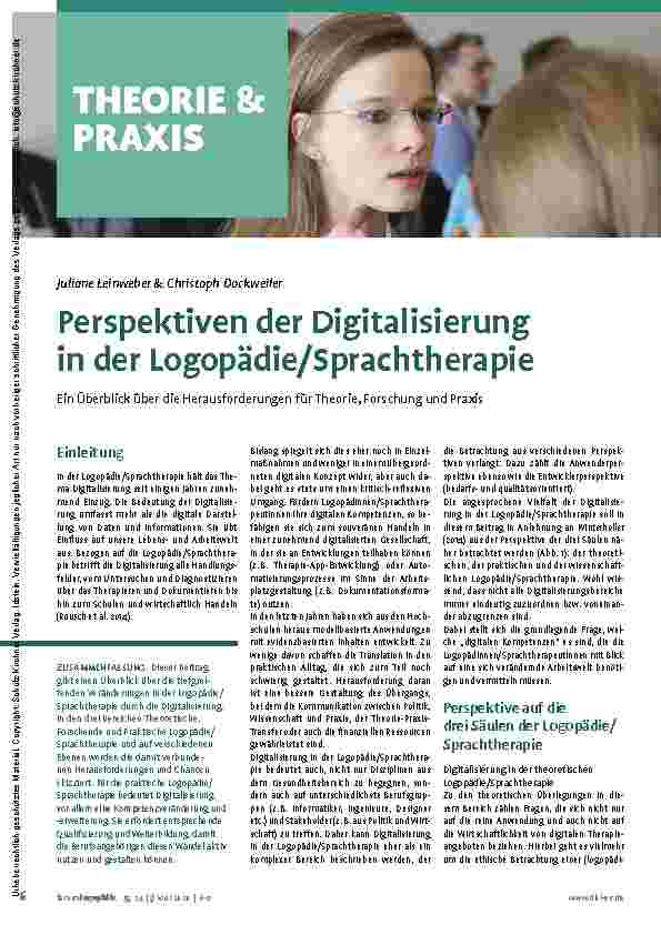 Vorschauseite 1: Perspektiven der Digitalisierung in der Logopädie/Sprachtherapie: Ein Überblick über die Herausforderungen für Theorie, Forschung und Praxis