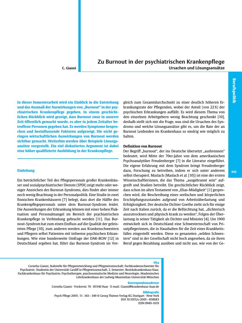Vorschauseite 1: Zu Burnout in der psychiatrischen Krankenpflege