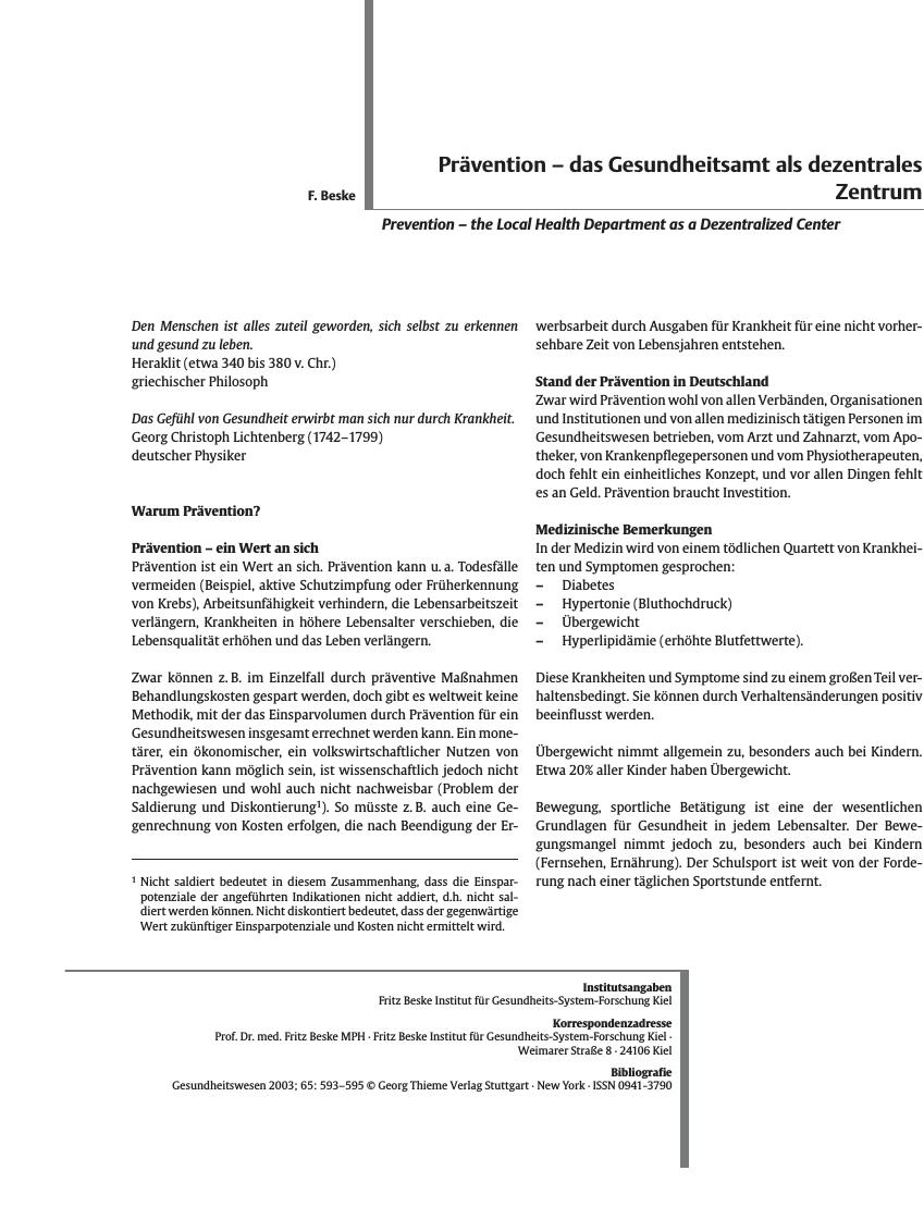 Vorschauseite 1: Prävention - das Gesundheitsamt als dezentrales Zentrum