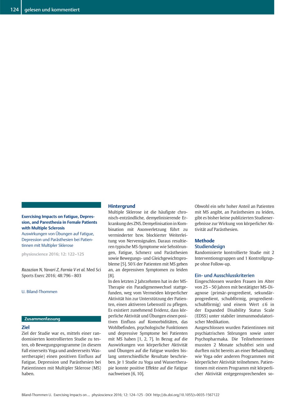 Vorschauseite 1: Exercising Impacts on Fatigue, Depression, and Paresthesia in Female Patients with Multiple Sclerosis