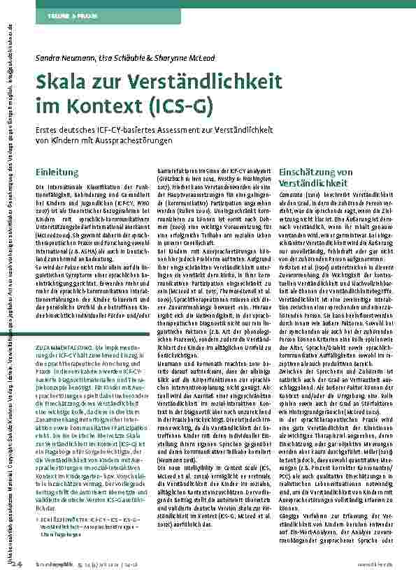 Vorschauseite 1: Skala zur Verständlichkeit im Kontext (ICS-G) Erstes deutsches ICF-CY-basiertes Assessment zur Verständlichkeit von Kindern mit Aussprachestörungen