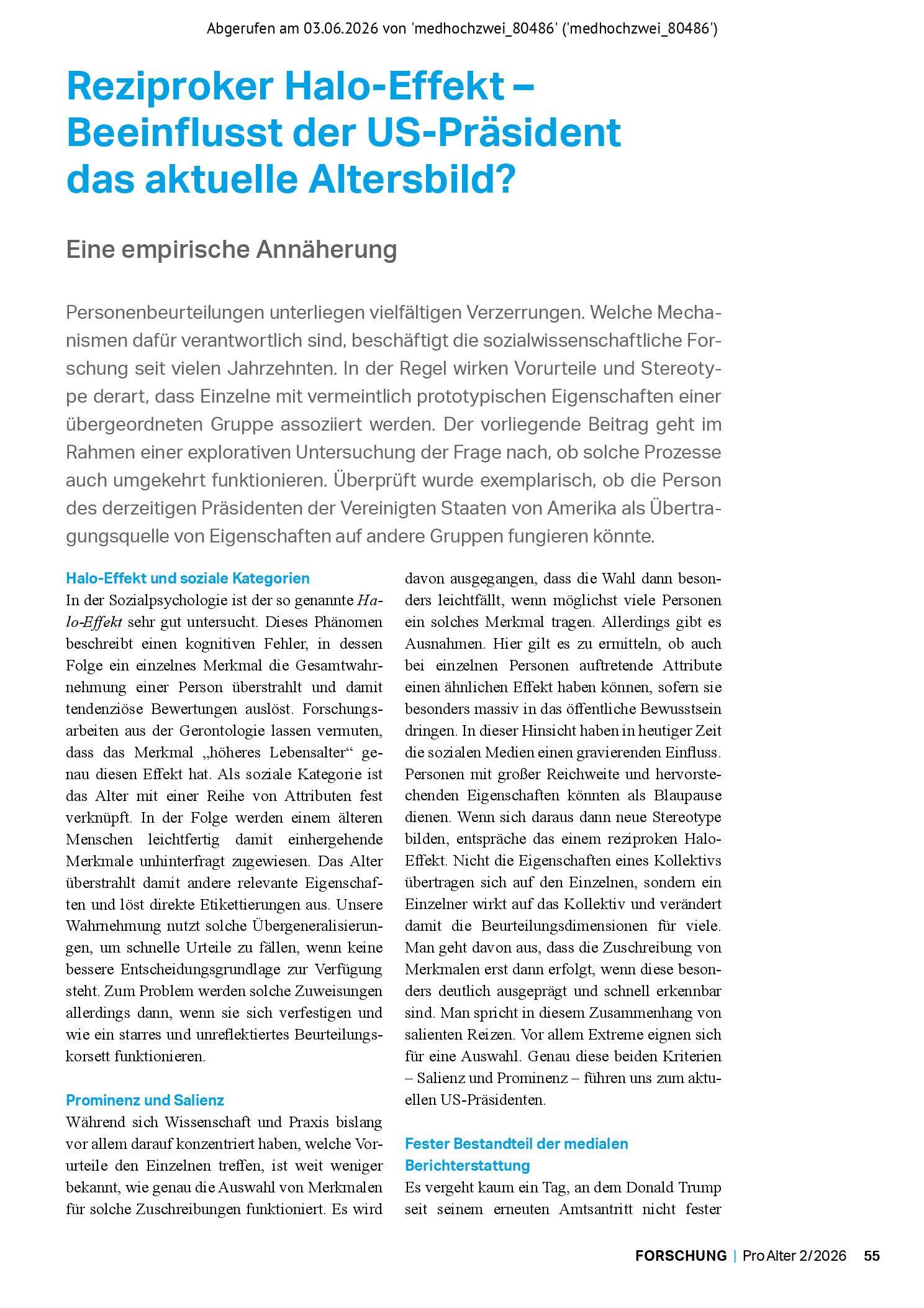 Vorschauseite 1: Reziproker Halo-Effekt – Beeinflusst der US-Präsident das aktuelle Altersbild?