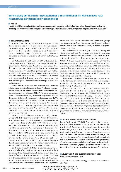 Vorschauseite 1: Entwicklung der Inzidenz respiratorischer Virusinfektionen im Krankenhaus nach Abschaffung der generellen Maskenpflicht