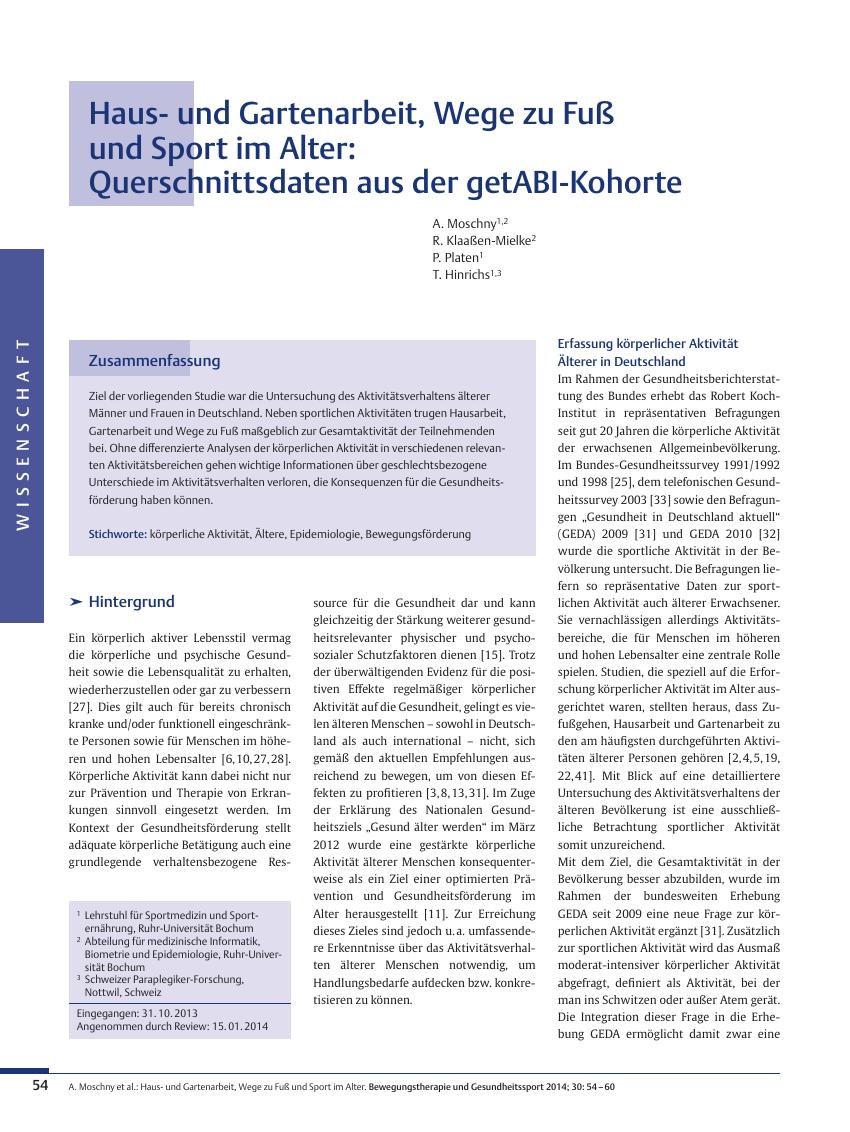 Vorschauseite 1: Hausund Gartenarbeit, Wege zu Fuß und Sport im Alter: Querschnittsdaten aus der getABI-Kohorte
