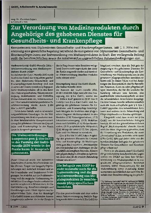 Vorschauseite 1: Zur Verordnung von Medizinprodukten durch Angehörige des gehobenen Dienstes für Gesundheitsund Krankenpflege.