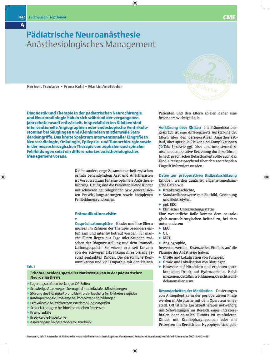Vorschauseite 1: Anästhesiologisches Management in der pädiatrischen Neurochirurgie