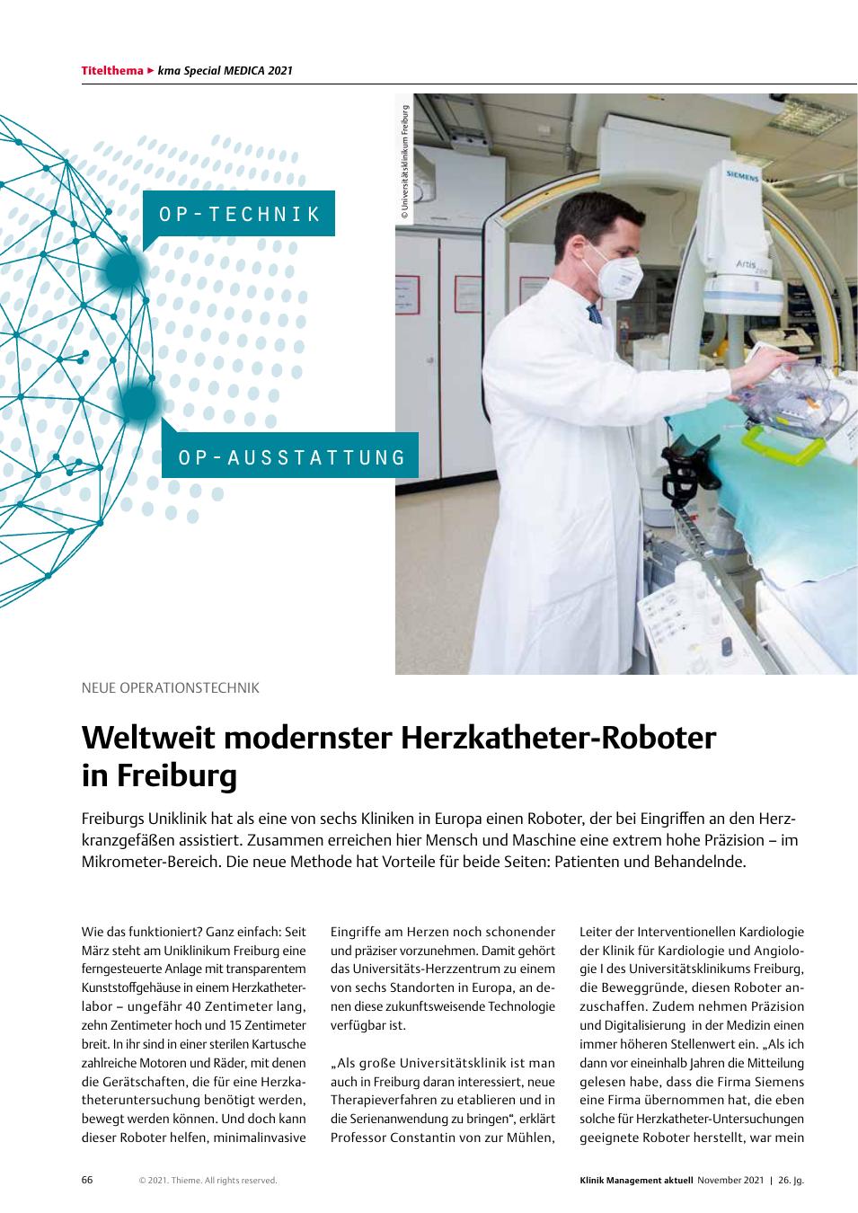 Vorschauseite 1: Neue Operationstechnik: Weltweit modernster Herzkatheter-Roboter in Freiburg