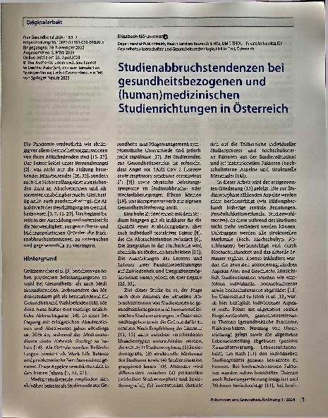 Vorschauseite 1: Studienabbruchstendenzen bei gesundheitsbezogenen und (human)medizinischen Studienrichtungen in Österreich