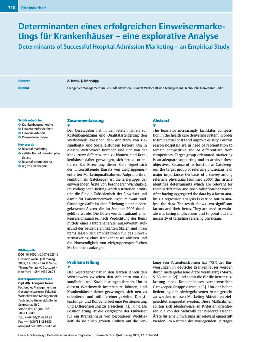Vorschauseite 1: Determinanten eines erfolgreichen Einweisermarketings für Krankenhäuser - eine explorative Analyse