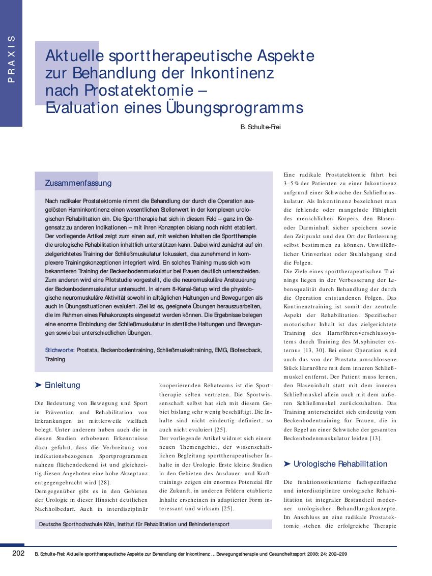 Vorschauseite 1: Aktuelle sporttherapeutische Aspekte zur Behandlung der Inkontinenz nach Prostatektomie – Evaluation eines Übungsprogramms