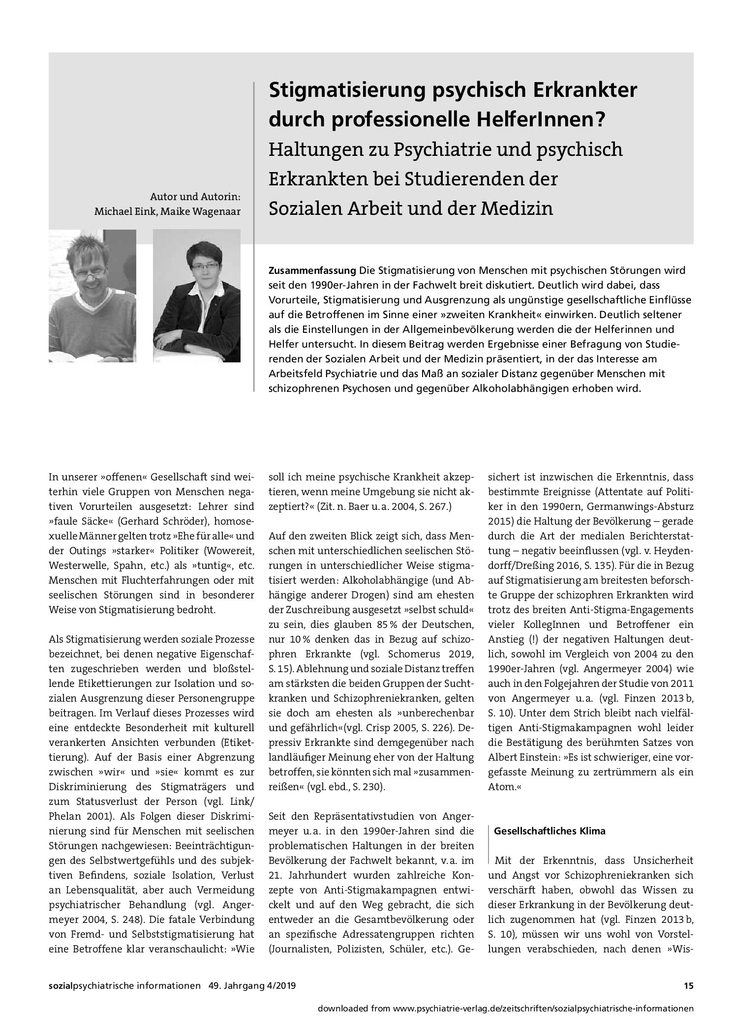 Vorschauseite 1: Stigmatisierung psychisch Erkrankter durch professionelle HelferInnen? Haltungen zu Psychiatrie und psychisch Erkrankten bei Studierenden der Sozialen Arbeit und der Medizin