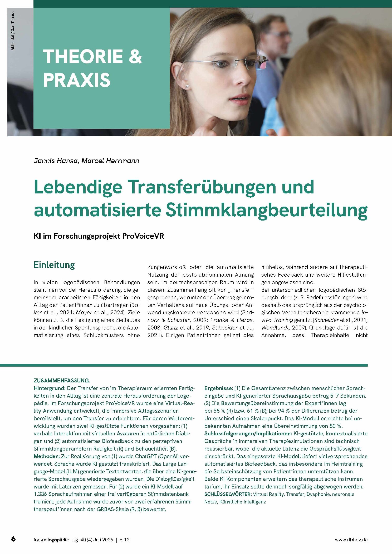 Vorschauseite 1: Lebendige Transferübungen und automatisierte Stimmklangbeurteilung – KI im Forschungsprojekt ProVoiceVR