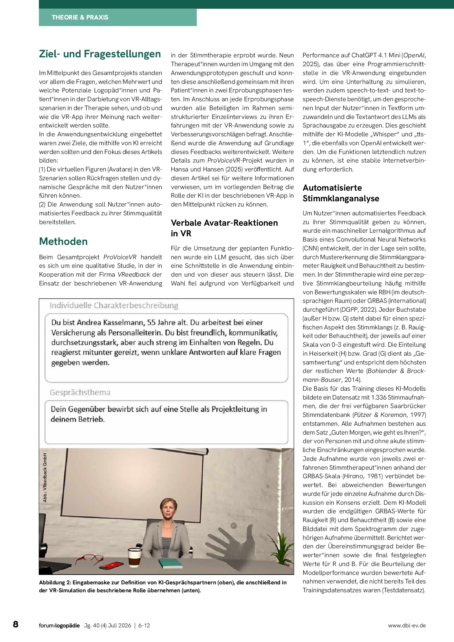 Vorschauseite 3: Lebendige Transferübungen und automatisierte Stimmklangbeurteilung – KI im Forschungsprojekt ProVoiceVR