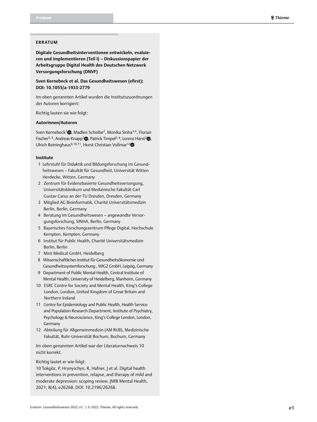 Vorschauseite 1: Erratum: Digitale Gesundheitsinterventionen entwickeln, evaluieren und implementieren (Teil I) – Diskussionspapier der Arbeitsgruppe Digital Health des Deutschen Netzwerks Versorg…