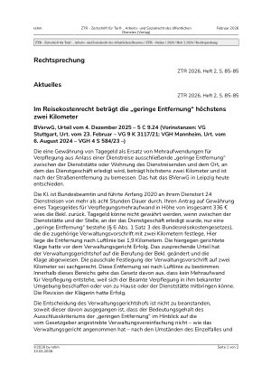Vorschauseite 1: Rechtsprechung Im Reisekostenrecht beträgt die „geringe Entfernung“ höchstens zwei Kilometer