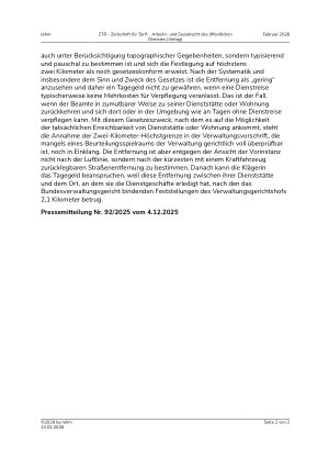 Vorschauseite 2: Rechtsprechung Im Reisekostenrecht beträgt die „geringe Entfernung“ höchstens zwei Kilometer