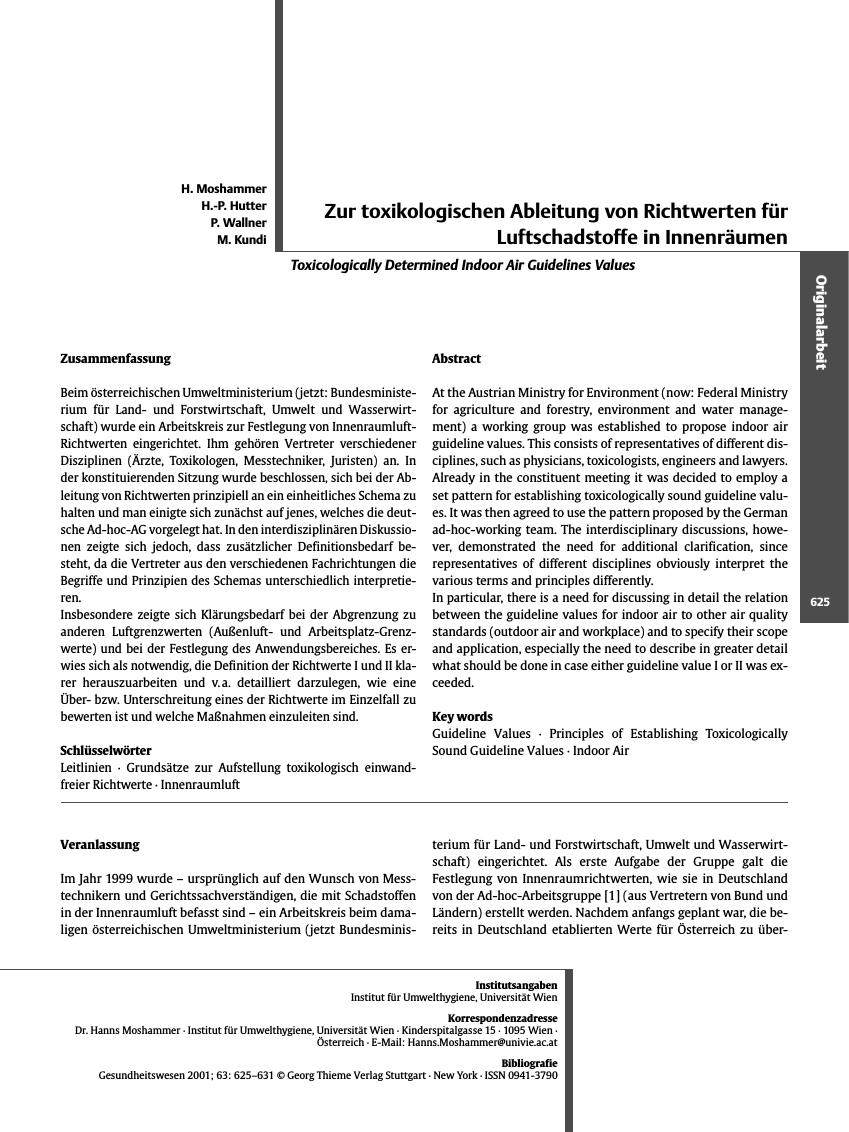 Vorschauseite 1: Zur toxikologischen Ableitung von Richtwerten für Luftschadstoffe in Innenräumen