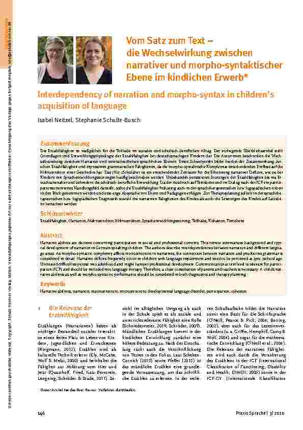 Vorschauseite 1: Hauptbeiträge 146 Praxis Sprache | 3/2020 * Dieser Artikel hat das Peer-Review-Verfahren durchlaufen. Die Relevanz der Erzählfähigkeit Erzählungen (Narrationen) haben als wichtige…