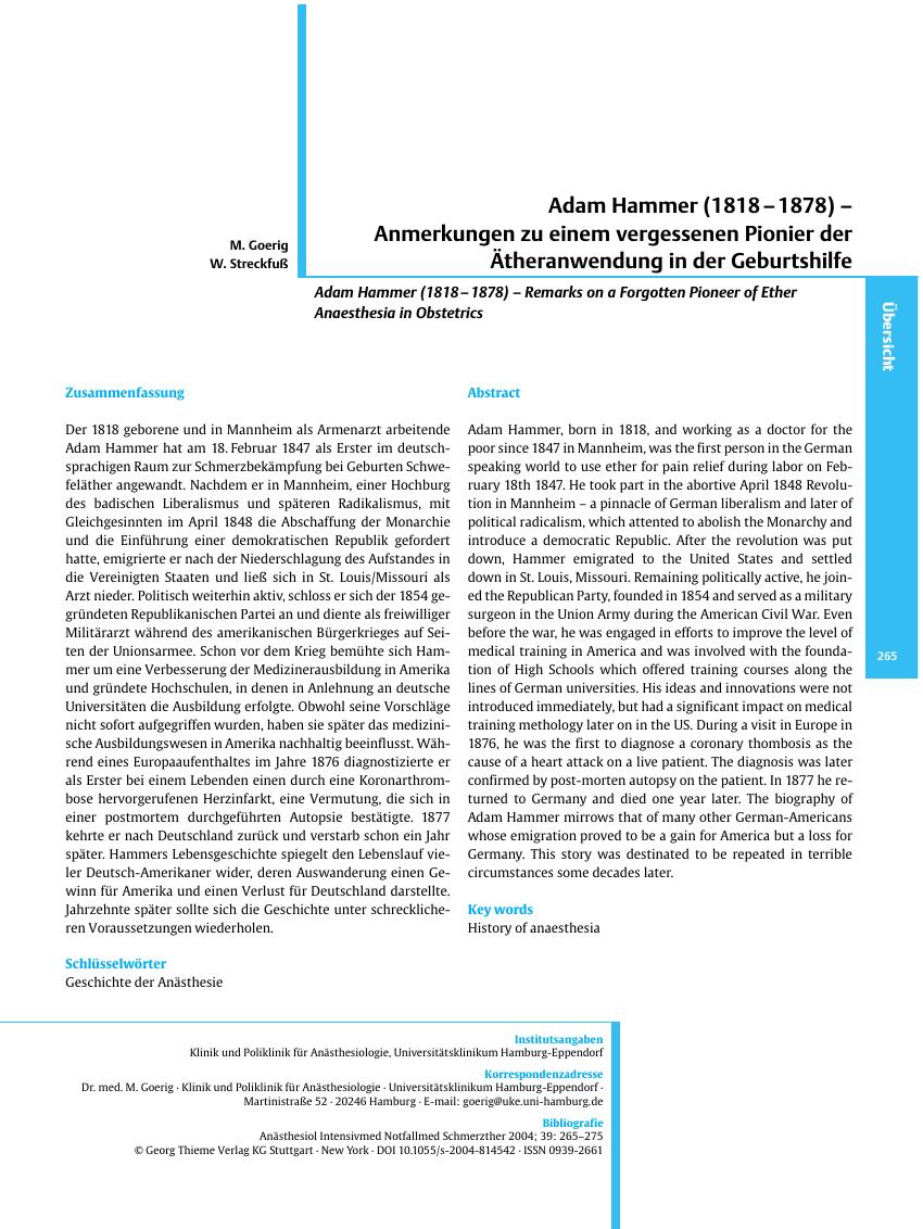 Vorschauseite 1: Adam Hammer (1818 - 1878) - Anmerkungen zu einem vergessenen Pionier der Ätheranwendung in der Geburtshilfe