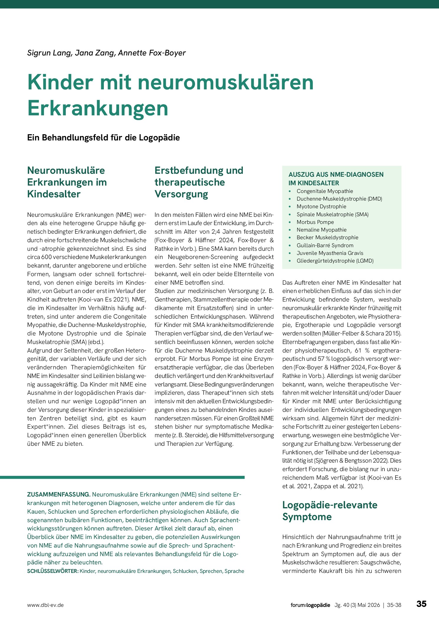 Vorschauseite 1: Kinder mit neuromuskulären Erkrankungen: Ein Behandlungsfeld für die Logopädie