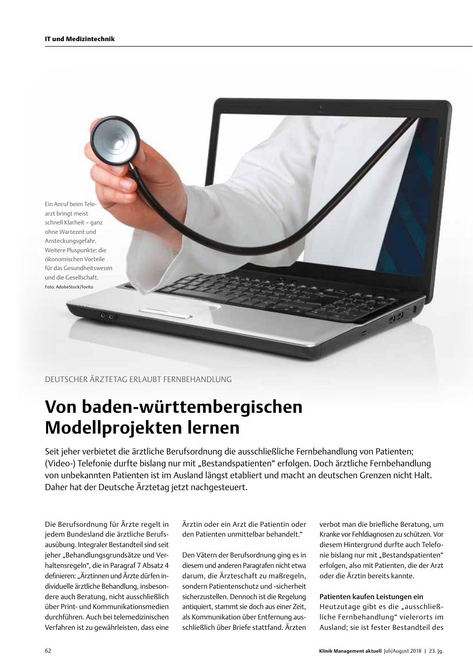 Vorschauseite 1: Deutscher Ärztetag erlaubt Fernbehandlung: Von baden-württembergischen Modellprojekten lernen