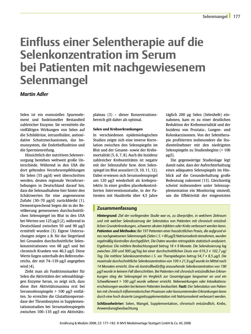 Vorschauseite 1: Einfluss einer Selentherapie auf die Selenkonzentration im Serum bei Patienten mit nachgewiesenem Selenmangel