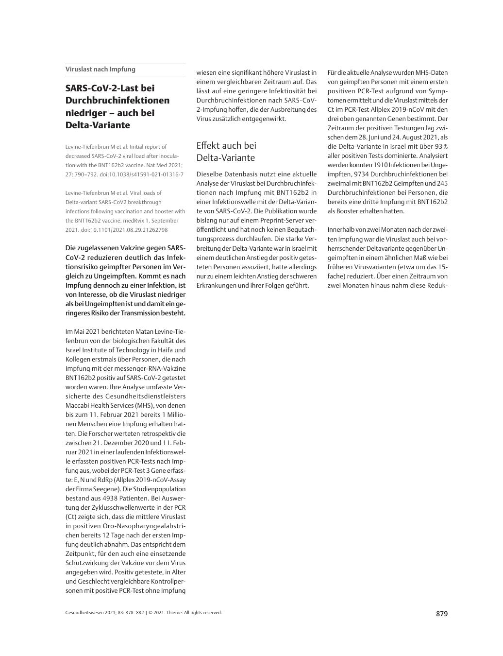 Vorschauseite 1: SARS-CoV-2-Last bei Durchbruchinfektionen niedriger – auch bei Delta-Variante