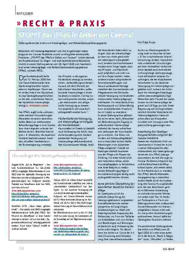 Vorschauseite 1: Stoppt das IPReG in Zeiten von Corona Stellungnahme des bvkm zum Intensivpflegeund Rehabilitationsstärkungsgesetz