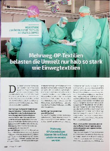 Vorschauseite 1: Mehrweg-OP-Textilien belasten die Umwelt nur halb so stark wie Einwegtextilien.