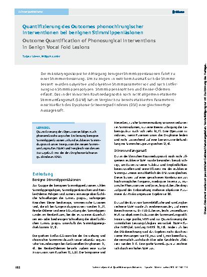 Vorschauseite 1: Quantifizierung des Outcomes phonochirurgischer Interventionen bei benignen Stimmlippenläsionen