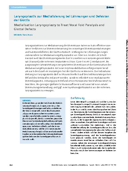 Vorschauseite 1: Laryngoplastik zur Medialisierung bei Lähmungen und Defekten der Glottis
