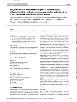 Vorschauseite 1: Subjektiv erlebte Arbeitsbelastung in der Weiterbildung Allgemeinmedizin und Anforderungen an ein Kompetenzzentrum – eine Querschnittsstudie aus Sachsen-Anhalt