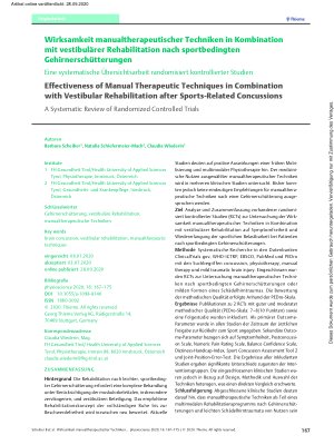 Vorschauseite 1: Wirksamkeit manualtherapeutischer Techniken in Kombination mit vestibulärer Rehabilitation nach sportbedingten Gehirnerschütterungen – Eine systematische Übersichtsarbeit randomis…