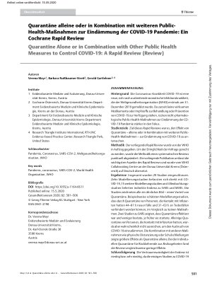 Vorschauseite 1: Quarantäne alleine oder in Kombination mit weiteren Public-Health-Maßnahmen zur Eindämmung der COVID-19 Pandemie: Ein Cochrane Rapid Review