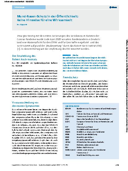 Vorschauseite 1: Mund-Nasen-Schutz in der Öffentlichkeit: Keine Hinweise für eine Wirksamkeit
