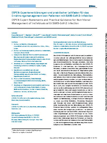 Vorschauseite 1: ESPEN-Expertenerklärungen und praktischer Leitfaden für das Ernährungsmanagement von Patienten mit SARS-CoV-2-Infektion
